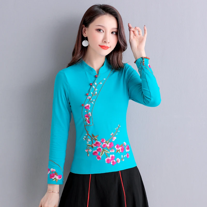 Небесно-голубой KYQIAO онлайн Китайский магазин blusa feminina женский этнический стоячий воротник с длинным рукавом черный красный синий Вышивка блузка рубашка - Цвет: Небесно-голубой