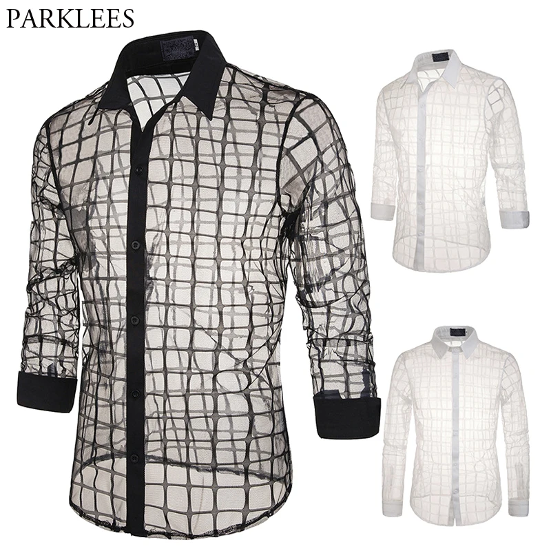 

Men's Lace Plaid Transparent Shirts Lapel Stage Style Dress White and Black Mesh Long Sleeve Sexy Prom Party Club Outfit
