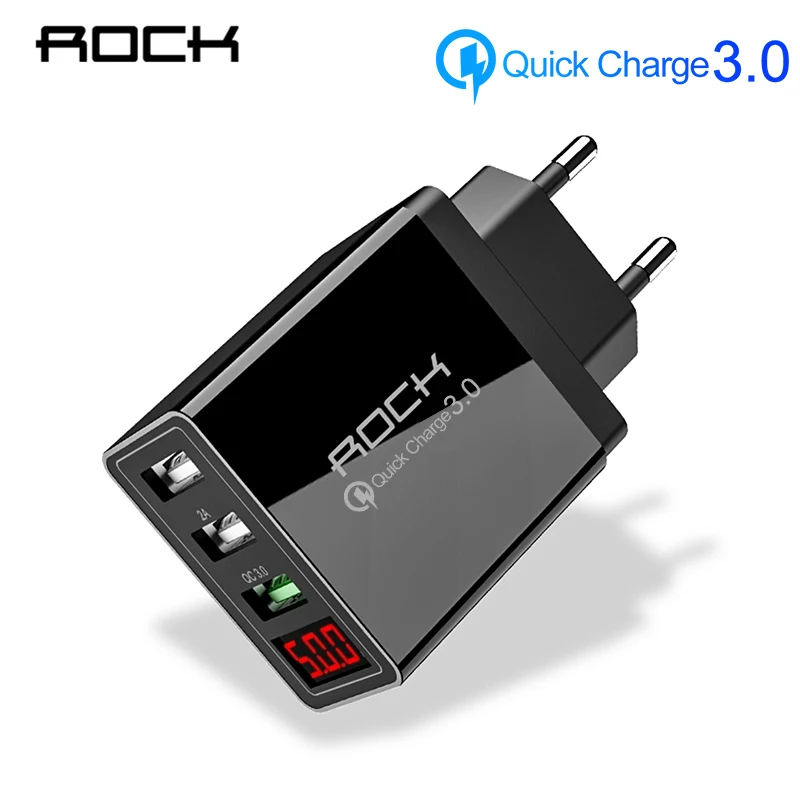 

ROCK Quick Charge 3.0 Phone Charger For iPhone Xiaomi mi 9 Huawei 30W QC3.0 Led Light Display EU 3USB Charger Fast Charging