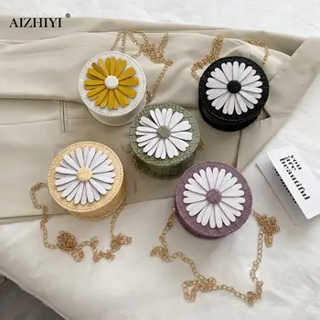 

Grain Leather Round Women Crossbody Bag Small Flower Chain Shoulder Handbags Popular Simple Female Daily Bag