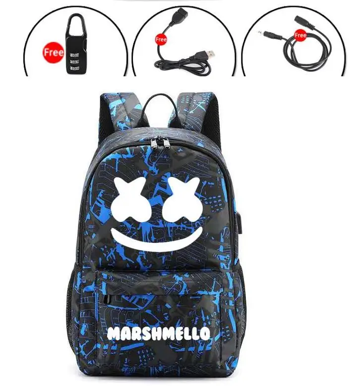 Рюкзак Marshmello с usb-зарядкой, рюкзак для ноутбука с защитой от ТЕФА, светящаяся сумка, школьная сумка для мальчиков и девочек-подростков, Повседневная дорожная сумка Mochilas