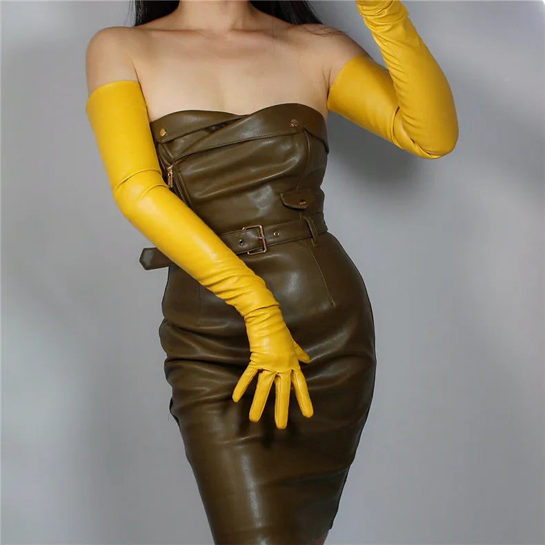 Очень длинные кожаные перчатки длиной 70 см, имитирующая кожу, имитация овчины, теплые, Имбирные, желтые, ярко-желтые, женские, WPU127