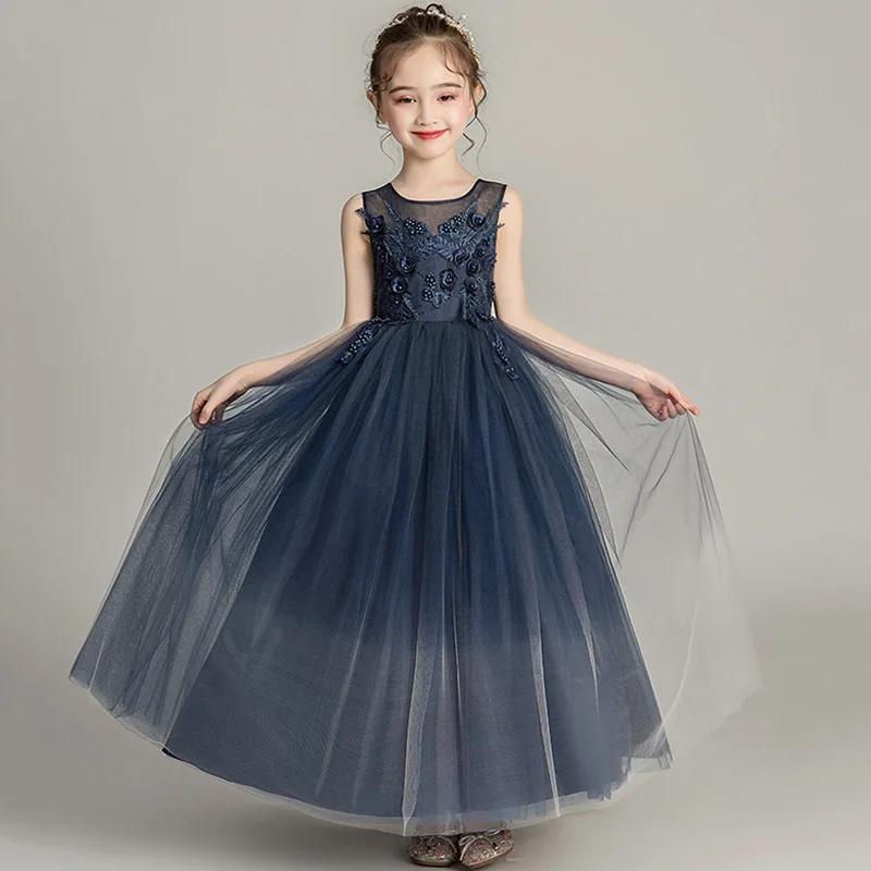 Navy blue Длинные Платья с цветочным рисунком для девочек, вечернее платье с бисером вечерние свадебные платья Одежда для девочек бальное платье принцессы для детей 4, 10, 12 лет - Цвет: Navy blue