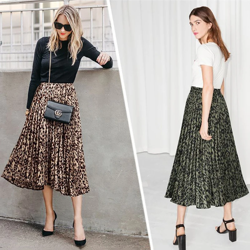 Women Skirts Pleated Leopard Print A-line Long Midi Skirts Elastic High Waist Skirt Faldas Mujer