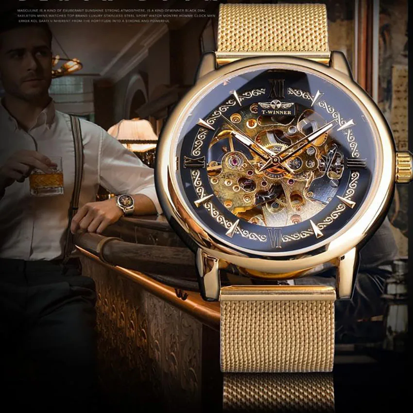 Победитель лучший бренд класса люкс ультра тонкие золотые мужские механические часы с сетчатым ремешком скелет мужские классические деловые наручные часы Heren Horloge