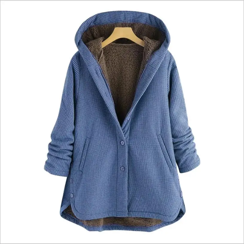 

Plus Size Women Long Parkas Coats Vintage Plaid Thick Fleece Jacket Winter Female Hooded Warm Asymmetrical Button Outerwear