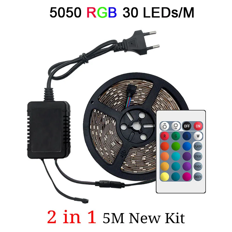 Светодиодный светильник RGB 5050 SMD 2835 гибкая лента fita светодиодный светильник RGB 5 м 10 м 15 М лента диод DC12V 60 светодиодный s 1 м+ управление+ адаптер - Испускаемый цвет: 5050 30LEDs 1M 2in1