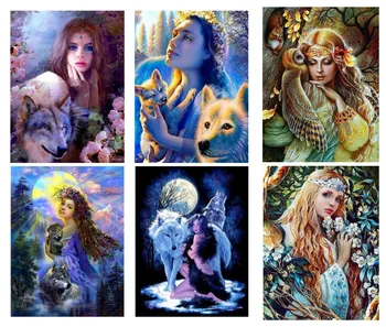 

Fezrgea 5D DIY Diamond Painting Woman Portrait Cross stitch Embroidery And Wolf Decor Home Gift