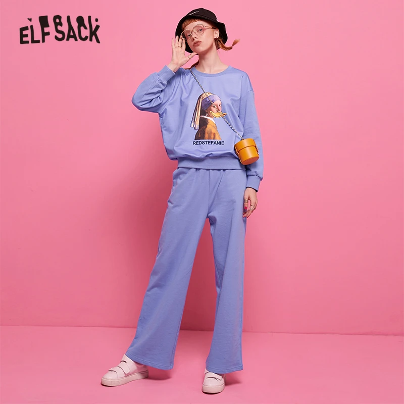 ELFSACK, фиолетовый повседневный комплект из двух предметов, топ с рисунком и штаны, осень 2019, корейский стиль, Женский комплект из 2 предметов