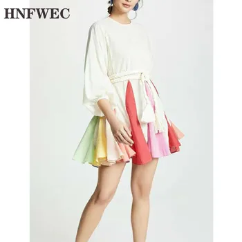 

Women Dress Patchwork Long Sleeve Lace Up Party Dresses Ruffles Lantern Sleeve High Waist Summer Dresses 2020 Fashion R493
