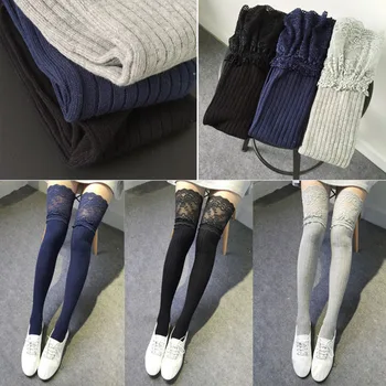 

Women Sexy Lace Pacthwork stocking vertical lace cotton knee high tube women sexy Long stocking Women Thigh High Over Knee Socks