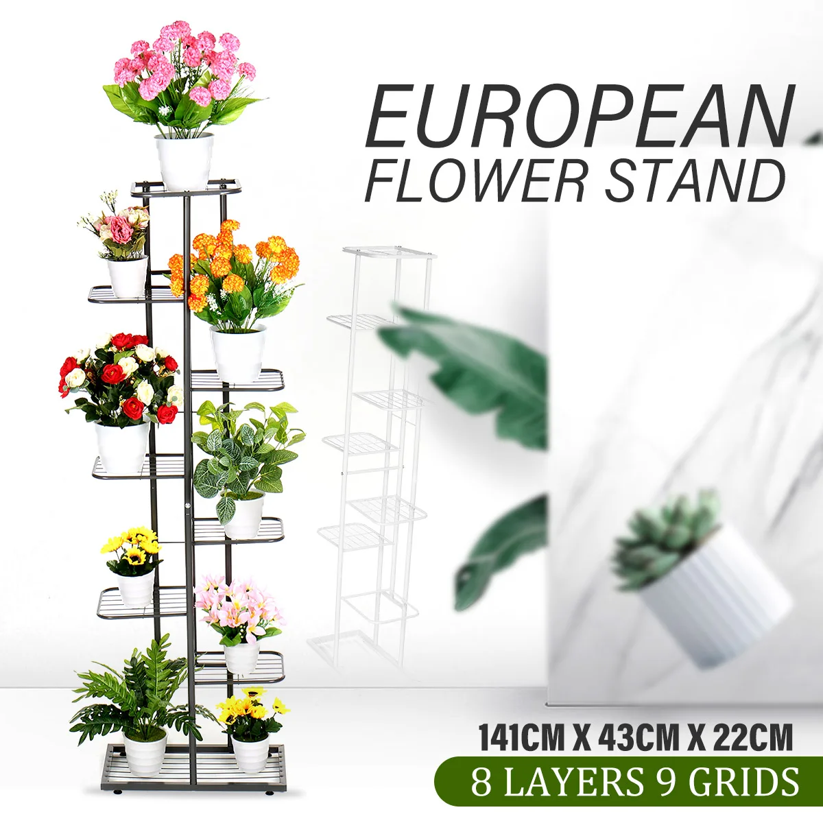 8 Tiers Iron Flower Rack 43x22x141cm Plant Stand Multi Flower Stand Shelves for Bonsai Display Shelf Yard Garden Patio Balcony
