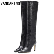 Новинка; классическая Брендовая обувь; модные женские сапоги-гладиаторы до колена с острым носком; цвет черный, белый; пикантные сапоги на высоком каблуке из микрофибры
