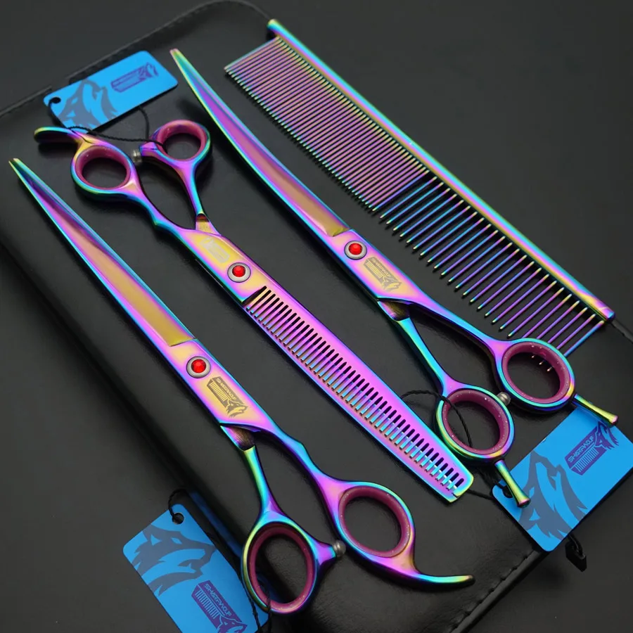 

8.0in. rainbow Professional Pet Grooming Scissors set,Straight & Thinning & Curved scissors set with Comb,Dog grooming,D571