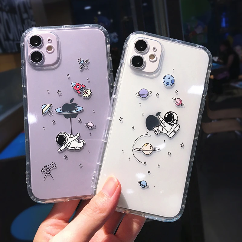 Space Cute Cartoon Astronaut Planet Phone Case For iPhone 11 Pro Max X XS XR 7 8 Plus 12 Mini Transparent Soft Shockproof Cover