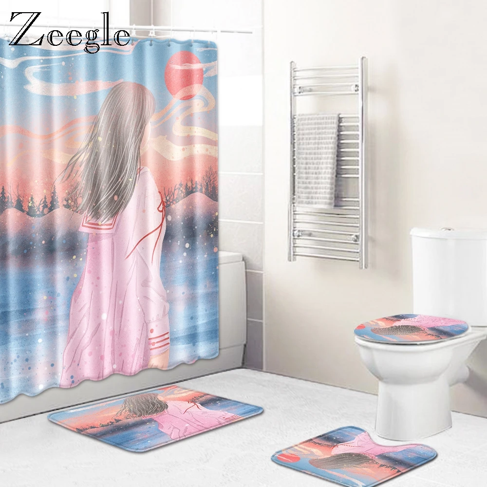 Zeegle Modern Bath Mat Set Cartoon Bathroom Mat Toilet Floor Mat Water Absorption Rug Anti-slip Toilet Rug Bath Shower Curtain