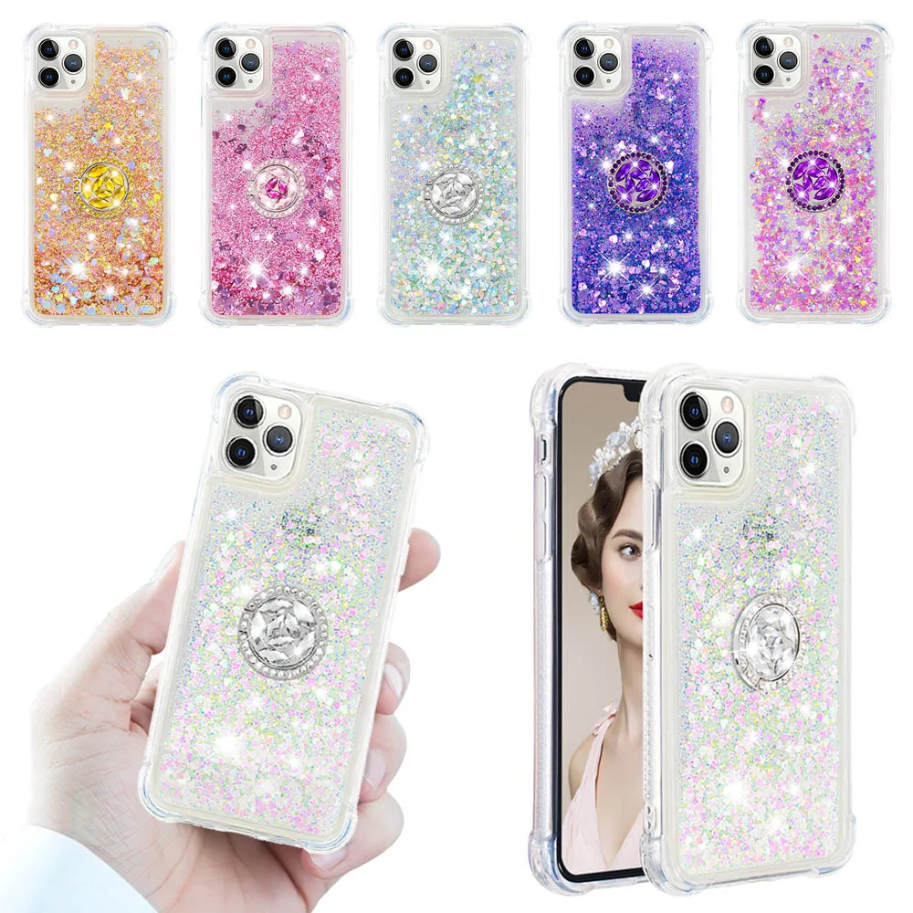 Мягкий ТПУ чехол с кольцом-подставкой для Apple iPhone 11 Pro X XS XR Max 6 6S 7 8 Plus динамический жидкий блестящий чехол
