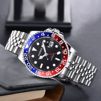 

40mm PARNIS black dial Sapphire Crystal GMT Automatic machinery movement luminous men's watches red blue bezel Mechanical watch