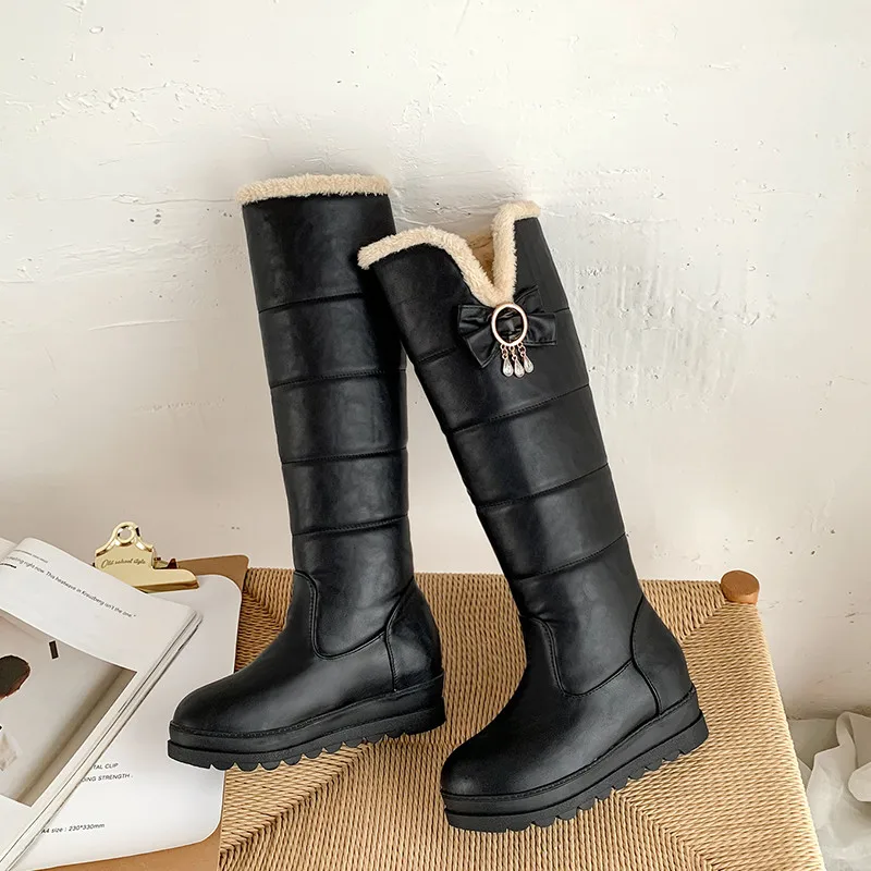 ESRFIYFE New Pu Leather Winter Boots Women Shoes Boots Knee High Boots Winter Warm Plush Thick Heel Platform Snow Boots - Цвет: Черный