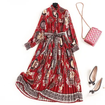 

Vintage Pleated Dress Print 2020 New Spring Sashes Mid-Calf Stand Collar Dress Long with Long Sleeve Vestidos Etnicos