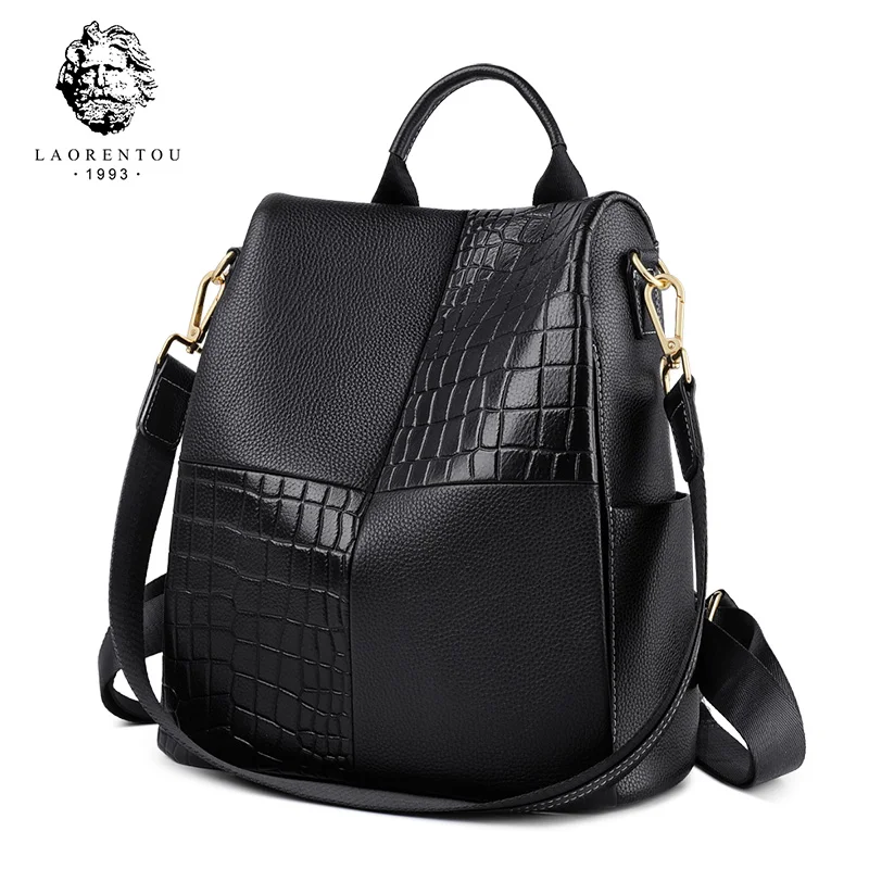 

LAORENTOU Brand Genuine Cow Leather Women Backpack Large Capacity Soft School Bag for Teenage Lady StylishTraveling Backpack