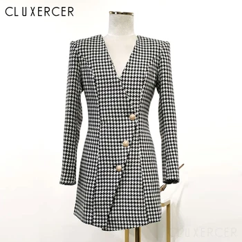 

Vintage Plaid Tweed Dress Women Winter Dress Sexy V Neck Mini Bodycon Dress Female Elegant Houndstooth Long Sleeve Office Dress
