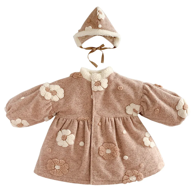 Теплое зимнее пальто для девочек 1-6 лет, Новое Детское шерстяное пальто, детская утепленная одежда с плюшевой подкладкой, пальто с капюшоном и объемным цветком для девочек - Цвет: Apricot