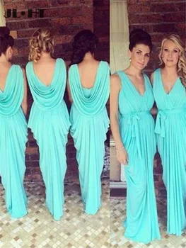 

2020 Real Sample Aqua Bridesmaid Dresses Long Wedding Party Dress Pleat Floor Length Chiffon Women Sheath Bridesmaid Dresses