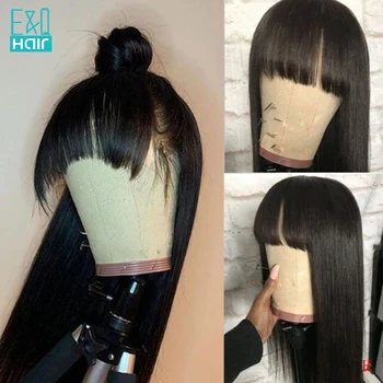 

150% Silky Straight 360 Lace Frontal Human Hair Wigs With Bangs For Black Women Brazilian Remy Wig Pre Plucked Natural Color