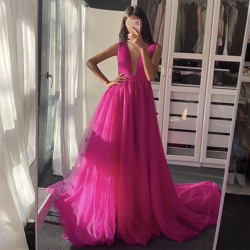 

Simple Sexy V-Neck Tulle Evening Dress Slit Backless Sash Pleats A-Line Prom Dress Long Evening Gown vestido formatura longo