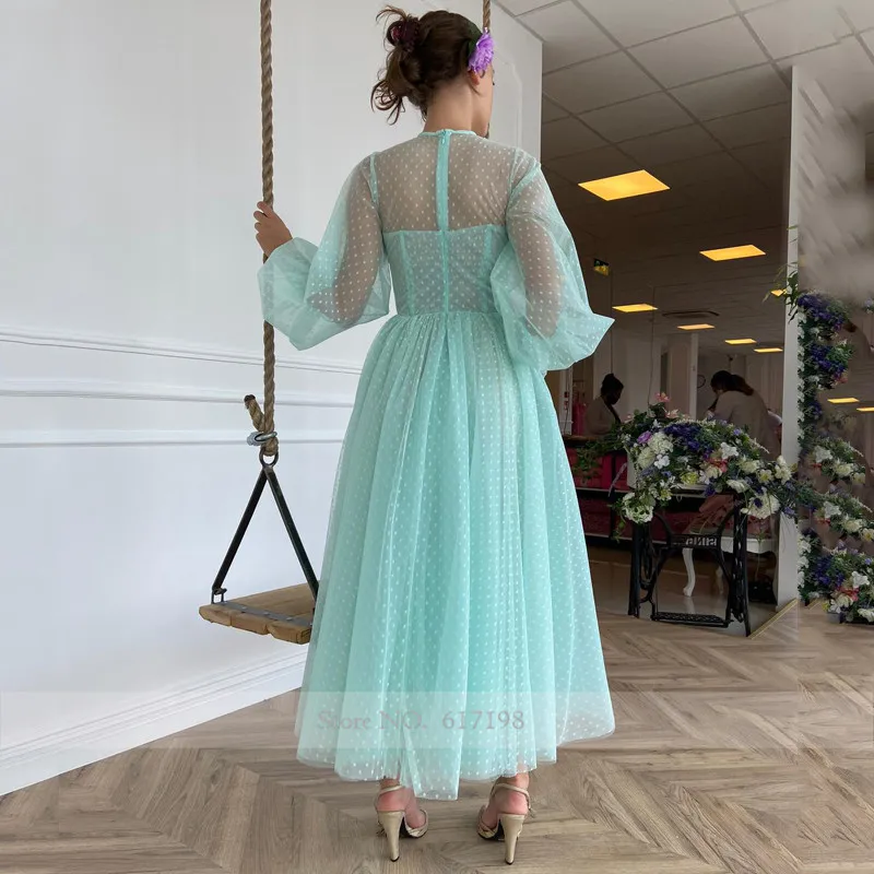 High Neck Long Sleeve Mint Green Tea Length Buttons Prom Dress A-Line Tulle Evening Gowns cute prom dresses