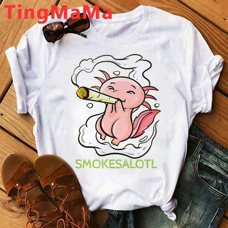 Kawaii Cartoon Axolotl T Shirt Women Funny Summer Tops Anime Graphic Tees Hip Hop Unisex Cute Harajuku Aesthetic Tshirt Female palm angels t shirt