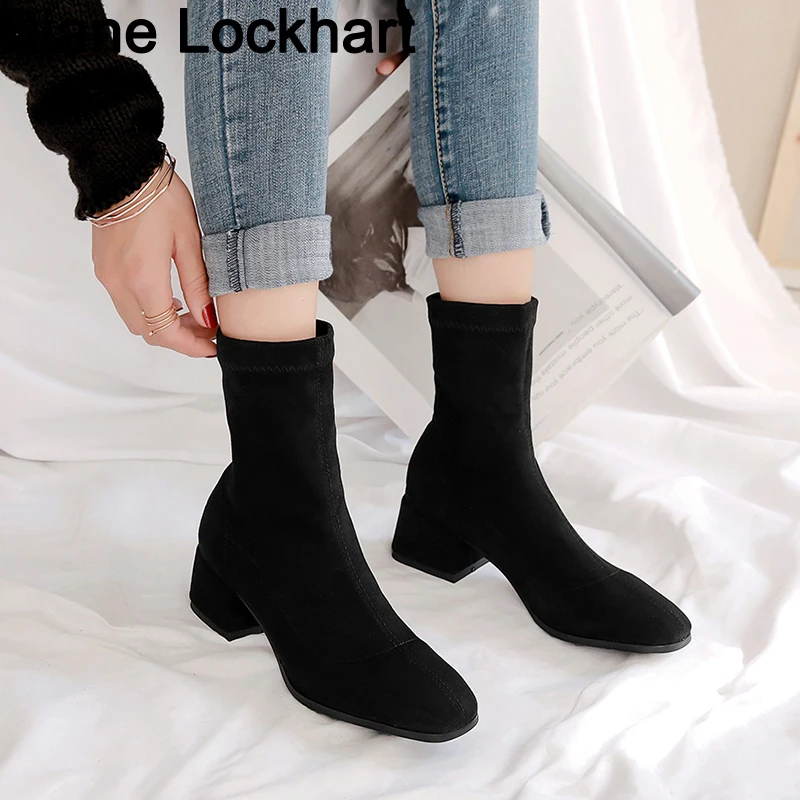 

Women's Ankle Boots 2019 Autumn Leather Chelsea Boots Zippers Woman Casual Booties Female Stretch Socks Botas Big Size 32 Mujer