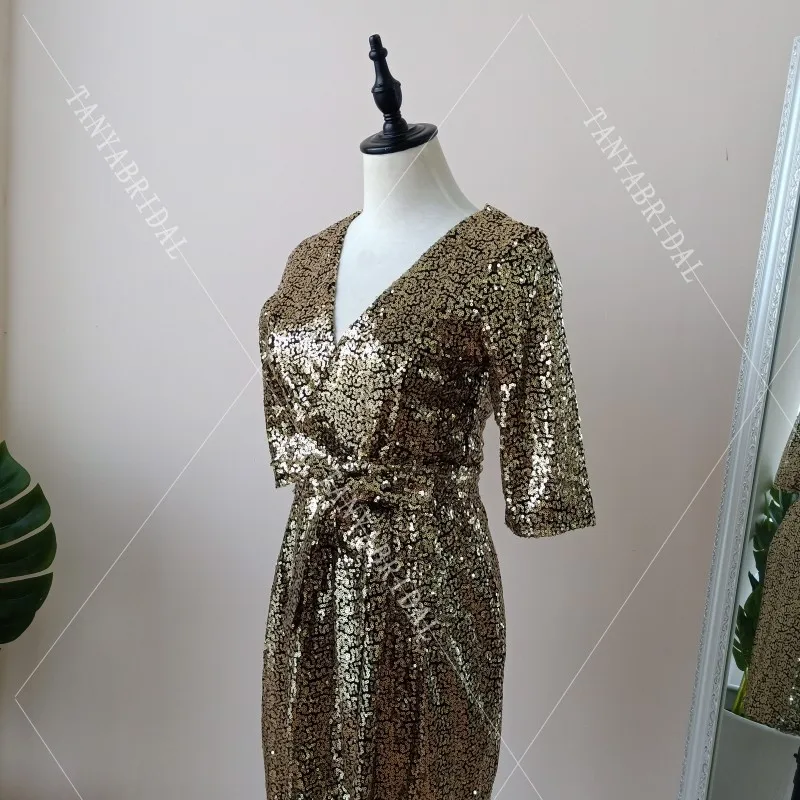 Коктейльные платья с глубоким v-образным вырезом и короткими рукавами с золотыми блестками, Короткие мини модные сексуальные вечерние платья DQG624