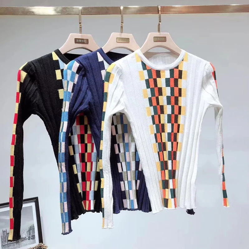 Винтажный свитер женский осень круглый вырез цветной блок плед высокий эластичный пуловер трикотажный свитер для женщин джемпер свободный свитер