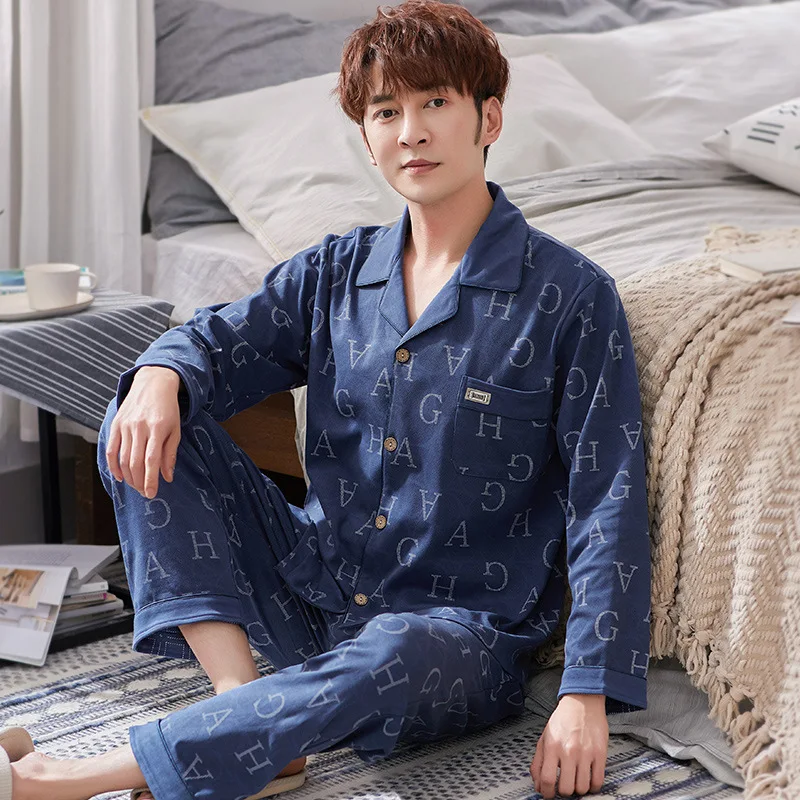 

Plus-sized 200 Spring And Autumn Pajamas Men's Autumn And Winter Pure Cotton Long Sleeve Cotton Fat Homewear Set Men's