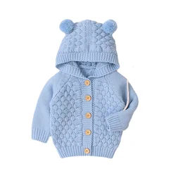 Cardigan pour nouveau né fille et garçon, veste chaude, manteau tricoté, pull à capuche, boutons, vêtements d'extérieur, printemps automne 