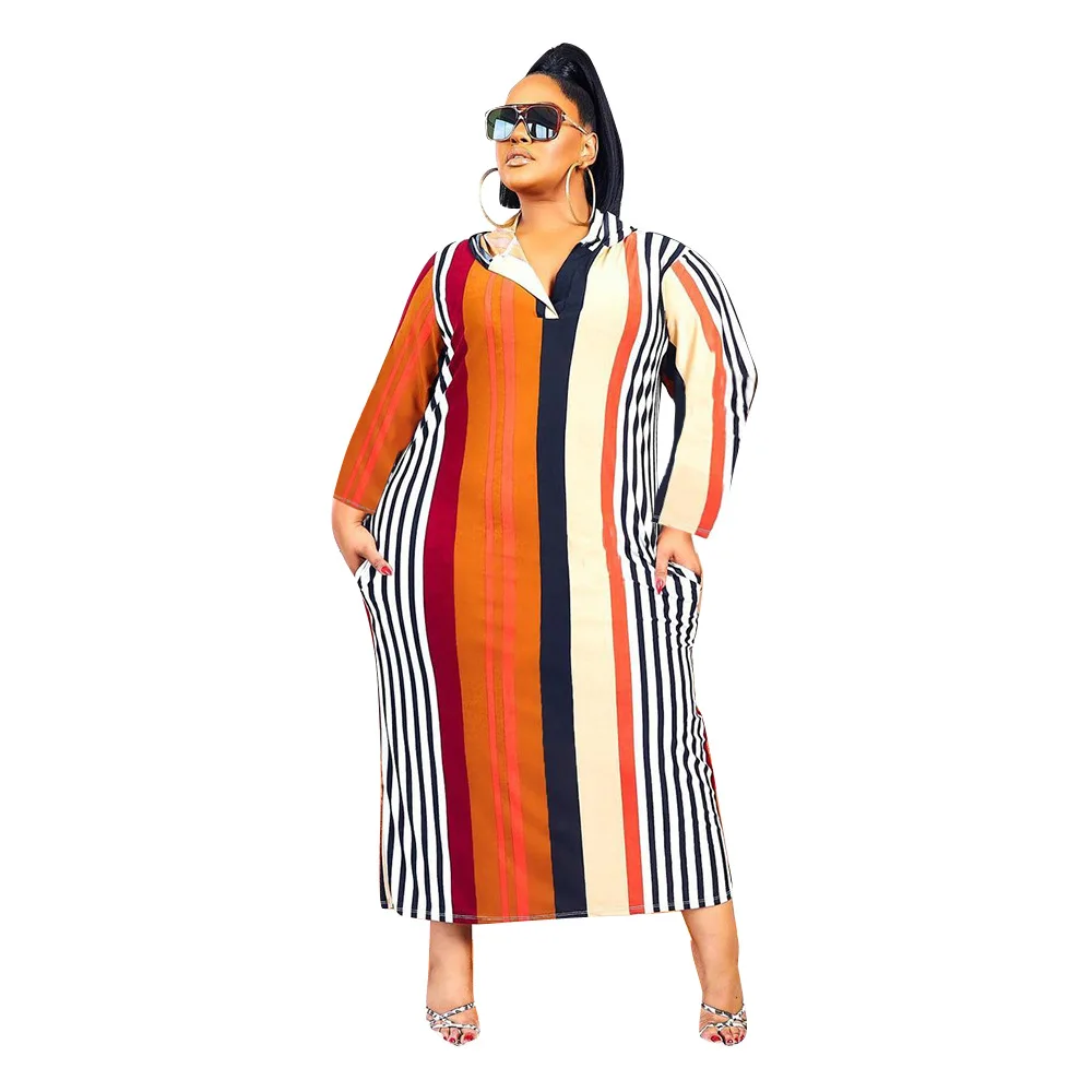 Fall Women Clothing Long Sleeve Plus Size Dresses Striped Print Burnt Flower Pocket Hooded Dress Fashion Lady Party Vestidos