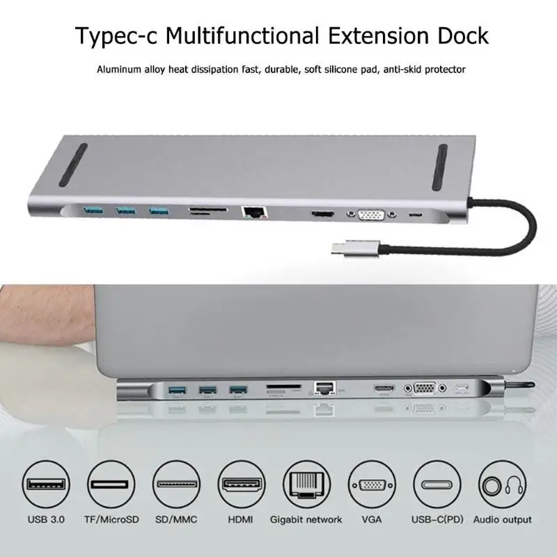 10 в 1 Алюминиевый сплав Мульти usb type C хаб-конвертер к HDMI VGA RJ45 USB 3,0 3,5 мм аудио PD Быстрая Зарядка адаптер док-станция
