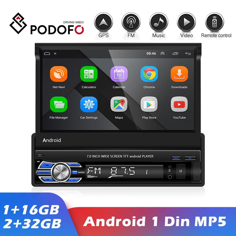 Podofo 1 Din Car Radio Stereo Autoradio 7 Inch Retractable Screen Video Multimedia Player For Volkswagen Nissan Hyundai Kia | Автомобили и