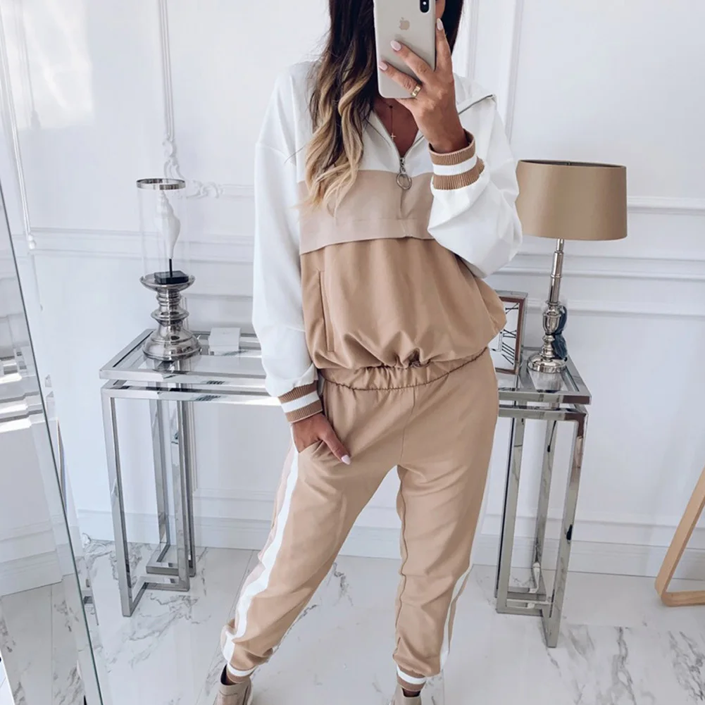 

Fadzeco 2 Piece Outfits Sweatsuit Stripe Patchwork Zipper Pullover Tops Swearshirt and Long Pants Set Tracksuit