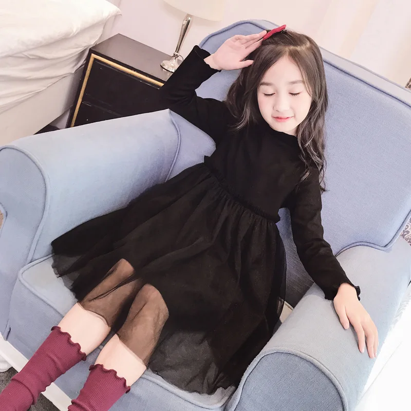 

Fashion Kids Girls Dress Size 4 6 8 10 to 12 Yrs Long Sleeve Black Mesh Party Princess Dresses Spring and Winter Clothes 13L6A