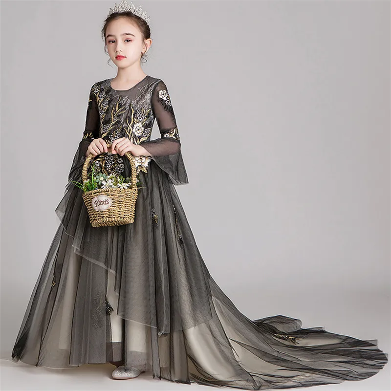 black tail dress Осенне-зимнее роскошное новое платье принцессы с длинными рукавами для выступлений детское вечернее платье на день рождения для девочек - Цвет: black tail dress