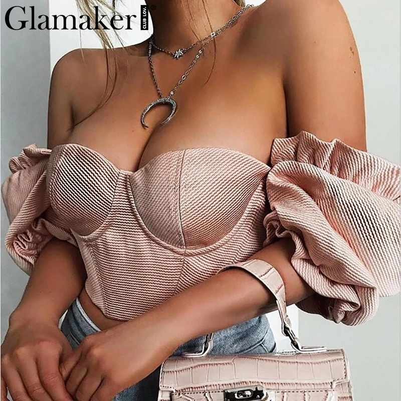 Glamaker, винтажная, с открытыми плечами, сексуальная короткая блузка, для женщин, с пышными рукавами, с оборками, Элегантная блузка, для женщин, Осень-зима, вечерние, сексуальный топ