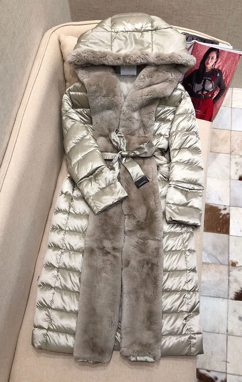 Шампанское Женская мода роскошный меховой воротник из кролика Рекс свободный дизайн белая утка вниз пальто куртка - Цвет: Шампанское