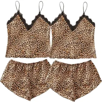 

Womens Leopard Print 2 Piece Lingerie Pajamas Set Eyelash Flroal Lace Trim Camis Top Elastic Waist Shorts Sexy Nightwear
