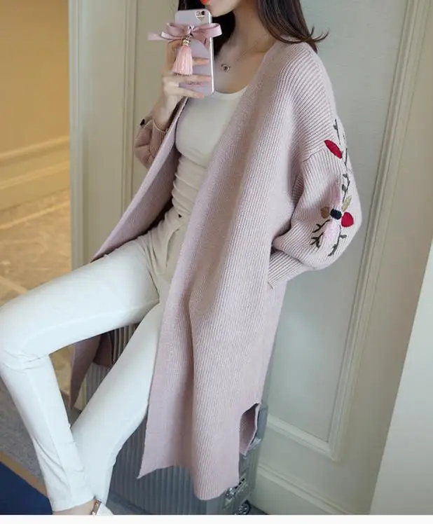 Autumn Women Sweaters Casual Loose Knitted Jumpers Elegant Ladies Korean Embroidery Lantern Sleeve Long Cardigan Coat - Цвет: Розовый