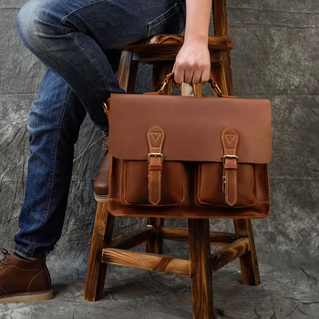 

MAHEU 42cm Large Men Briefcase Genuine Leather Laptop Bag Crazy Horse Leather Vintage Men Handbags Office Man Computer Bag Brown