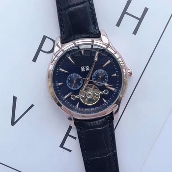 

Rose gold Skeleton luxury men Automatic self-wind watch Glass open back 44mm 1:1 leather strap AAA quality gilde smooth