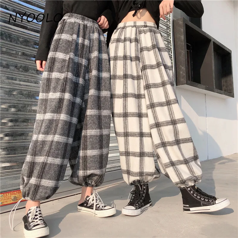 NYOOLO Vintage Streetwear high waist plaid woolen pants Autumn winter loose elastic waist ankle length wide leg pants women